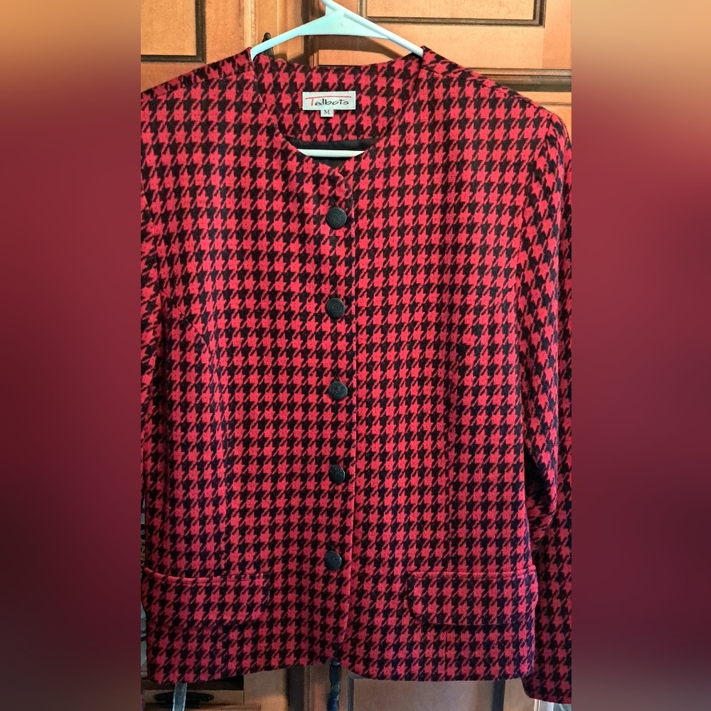 Ladies Vtg Houndstooth Red And Black Blazar Shoulderpads Med Wool Blend Lined